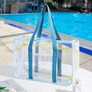 투명 방수 비치백 PVC 수영가방 대형 물놀이 가방 메쉬 내외부 포켓 여행용 수납 토트백