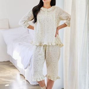 핑크 플라워 프릴 8부 상하 잠옷 2중 거즈면 투피스 홈웨어