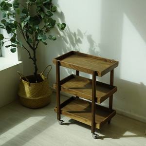 원목 월넛 이동식 트롤리 3단 수납 우드 조립형 이동식 트레이 브레이크 바퀴