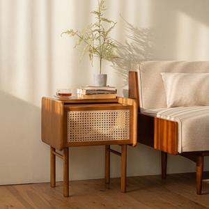 헤세 월넛 원목 라탄 템바보드 수납 협탁 거실장