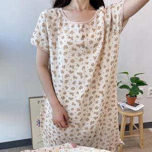 플라워 요루면 여름 순면 반팔 롱 원피스 임부 잠옷 파자마 세트 3color