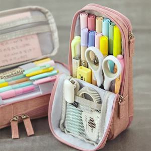 스탠딩 2단 캔버스 필통 대형 스탠드 파우치 새학기 학생 친구 선물 (4colors)