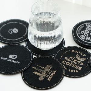 비건가죽 블랙 티코스터 5p 주문제작 (5개기본구성) 레이저각인 컵받침제작