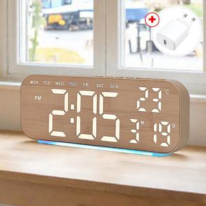 큰화면 우드스타일 LED 디지털 탁상시계 온도 무드등 타이머 알람