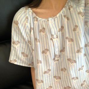 반팔 잠옷 원피스 순면 블루 스트라이프 울랄라 퍼피 여름 홈웨어 1color