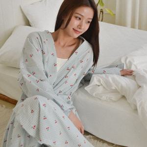 홈웨어 체리 체크 로브 파자마 수면 잠옷 슬립 가운