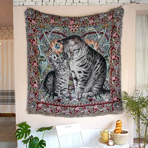 고양이 두마리 빈티지 소파커버/러그/블랭킷