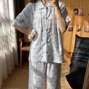 반팔 긴바지 잠옷 세트 순면 블루 스트라이프 울랄라 퍼피 이중거즈 홈웨어 1color
