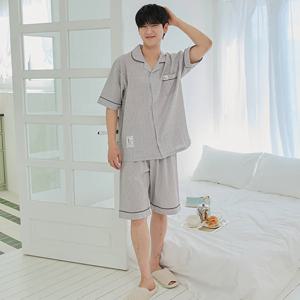 남성 여름 잠옷 반팔 선염 바바리안 스트라이프 파자마 상하세트 블루 홈웨어