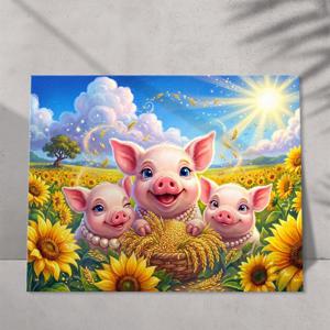 복을부르는 해바라기꽃밭 돼지삼남매 캔버스액자 돈들어오는 풍수그림 황금 재물 집들이 개업선물