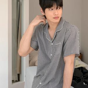 J'eu 시오 깅엄체크 커플 반팔 파자마 잠옷 세트 Man, 3color