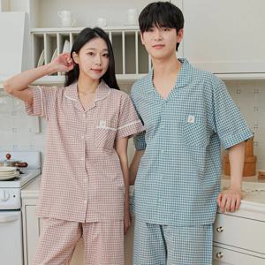 국내생산 커플잠옷 여름 체크 순면 반팔 파자마 홈웨어 실내복 상하복 세트