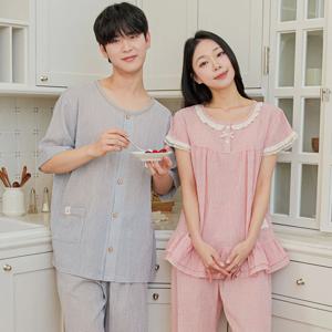 국내생산 커플잠옷 여름 체크 반팔 파자마 홈웨어 순면 실내복 상하복 세트