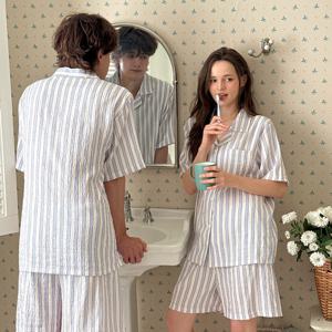 오아시스 블루 스트라이프 반팔 세트 커플잠옷 2size 빅사이즈 파자마 여름 홈웨어