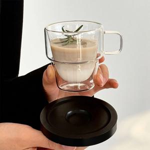 [해외] 손잡이 이중 내열 유리컵 홈카페 스택 커피잔 150ml