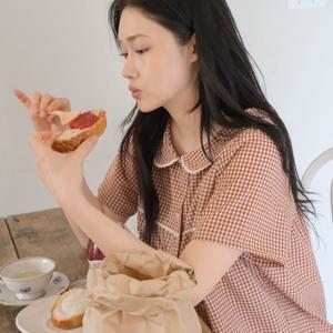 J'eu 시오 깅엄체크 커플 반팔 파자마 잠옷 세트 Woman, 3color