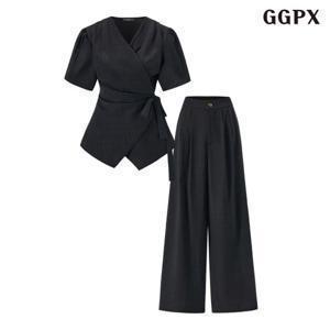 랩스타일 V넥 블라우스 롱 팬츠 셋업 (GQBOW003D)