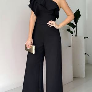 TEMU 여성용 러플 원숄더 하이웨이스트 루즈 레그 우아한 점프수트