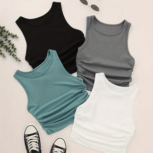 TEMU Elegant Direction 여성용 4pcs 세트 (리브드 사이드-시ーム 탄성 집합 라운드넥 반팔 티셔츠 및 조끼 포함). 이 여성용 멀티 컬러 콤비네이션 팩은 텍스처 리브드 디자인에 세로 스트라이프가 특징입니다.