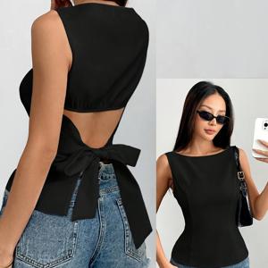 TEMU 우아한 백색 민소매 블라우스와 뒷면 리본 디테일 - 여성용 캐주얼하면서 섹시한 오피스웨어, 봄과 여름에 완벽한 시즌 패션 탑, 세련된 직물, 부드러운 원단 셔츠