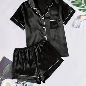 TEMU 청년적인 우아한 파자마 세트 - 단추가 있는 반팔 상의 및 포켓이 있는 반바지, 단색, 모든 계절에 편안한 잠옷, 캐주얼한 잠옷|반팔 상의|포켓이 있는 상의