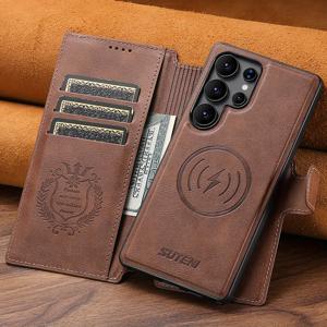 TEMU 폰 케이스: 2-in-1 플립 커버 자석 무선 충전 호환 SUTENI 인조 가죽 폰 케이스, 자석 카드 홀더 스탠드 포함, 갤럭시 S25 울트라, S24 울트라, S23 울트라, S22 울트라 호환. 블랙/브라운 색상 제공