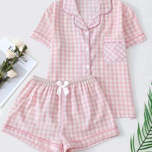 TEMU 플라이트 프린트 여성 파자마 세트, 여름용 반팔 & 숏팬츠 홈웨어, 가벼운 편안한 체크무늬 라운드웨어