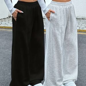 TEMU 여성용 캐주얼 롱팬츠 투피스 세트. 루즈핏 단색 탄성 허리 밴드 스포츠 트라우저, 포켓 포함