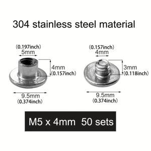 TEMU 100개(50세트) 5x4mm 스테인리스 스틸 시카고 나사 및 리벳 - 십자 머리, 듀얼 사이즈(5x4mm), 도장본, 사진 앨범, 가방, DIY 공예용 부식 방지, 공예용 리벳, 광택 메탈릭 마감, 부식 방지 강철, DIY 지갑 제작용