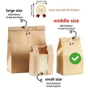 TEMU 50개 크라프트 종이 빵 봉투 (창문 포함), 3가지 사이즈 (소/중/대)로 제공, 포장 용품 (라벨 실링 스티커 포함), 베이킹 제품 보관용 일회용 식품 포장, 추수감사절 & 새해 보관에 적합