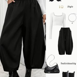 TEMU 여성용 캐주얼 하렘 팬츠 - 편안한 탄성 허리 밴드의 7부 길이, 루즈핏, 단색 포켓, 모든 계절에 완벽한 선택, 매우 멋진 디자인의 긴 바지, 다용도 트라우저