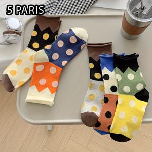 TEMU 여성용 대비 색상 폴카 도트 패턴 중목 양말 1/3/5켤레, 독특한 롤업 헴 골지 커프스 디자인, 봄, 가을, 겨울용, 일상 출퇴근, 사무실, 야외, 선물용, 스포츠용으로 적합