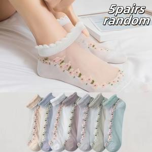 TEMU 꽃무늬 여성용 발목 양말 5켤레 - 숏/노쇼 양말, 데일리웨어, 캐주얼 & 오피스용 - 부드럽고 편안한 양말, 손세탁 가능, 다양한 컬러 옵션