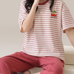 TEMU 여성 봄/여름 프린트 반팔 라운드넥 탑 (체리 과일 패턴), 편안한 라운지웨어 및 잠옷으로 7부 바지와 매치