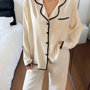 TEMU 여성용 칼라 버튼 프론트 나이트가운 파자마 2세트 - 긴 소매 풀 레그 팬츠 수면복 세트, 단색 대비 칼라, 세탁기 사용 가능 - 나이트웨어 (2세트)