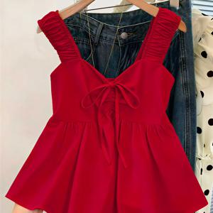 TEMU 여성용 달콤하고 순수한 스타일 화이트 레이스 타이업 반팔 플러터 소매 민소매 탑