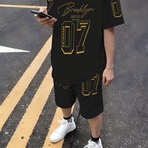 TEMU 청소년 패션 쇼츠 세트, 스타일리시 캐주얼 숫자와 글자 패턴, 봄 가을 여름 반팔 티셔츠와 루즈 쇼츠 2피스 세트, 남아용 패션 아웃도어 레저 세트, 야외 활동에 완벽, 청소년용