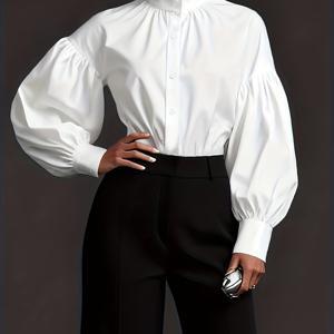 TEMU 프렌치 스타일 우아한 솔리드 컬러 스탠드 칼라 랜턴 슬리브 긴팔 여성 셔츠 - YTD