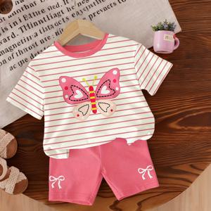 TEMU 2개 세트 여아용, 나비 프린트 반팔 상의 + 솔리드 리본 프린트 반바지, 여아 여름 의상, 귀여운 라운드넥 베이비 옷, 부드럽고 편안한 다용도 반팔 팬츠 세트, 데일리 캐주얼, 휴가, 파티, 야외 활동에 완벽