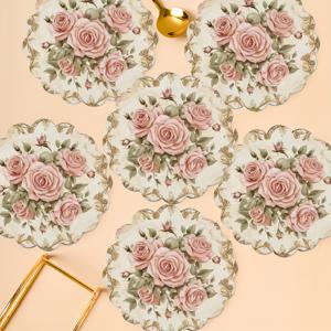 TEMU 장미 무미끄러짐 나무 코스터 6개 세트, 식탁, 주방, 연회, 파티 장식, 선물, 일상 축제, 테이블 연출에 적합