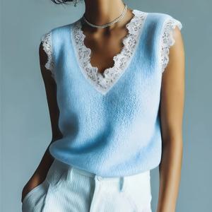 TEMU 신상 봄/여름 컬렉션, 빈티지 릴렉스 스타일, V넥 레이스 트림 민소매 루즈핏 조끼, 레이어링 및 스트릿 스타일에 완벽한 여성용 다용도 패셔너블 스웨터, 모든 계절에 적합