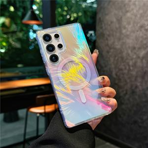 TEMU 삼성 갤럭시 S25 울트라, S24 울트라, S23 울트라용 심플하고 스타일리시한 보호 케이스 S25 엣지, 독특한 깃털 패턴, 그라데이션 레이저 컬러, 소프트 범퍼, 하드 백, 여성 및 여학생용