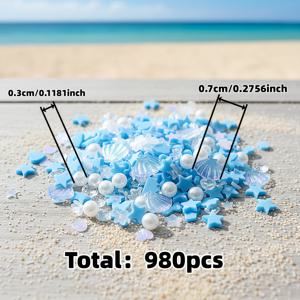 TEMU 980개, 블루, 화이트, 펄, 쉘, 별, 글리터, 드림리, 오션 시리즈, 핸드메이드, 스파클링, 장식, 채우기, 창의력, 파티 모임, 웨딩, 홈 데코, 의류 장식, 폰 케이스, 드립 글루 시리즈, 슬라임, 장식품