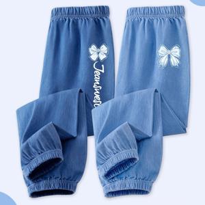 TEMU [JEANSWEST 키즈] 여름용 여아용 통기성 방충 바지 2벌 세트, 나비 매듭 프린트. 편안하고 다용도 긴 바지, 3-14세 아동용, 야외 활동에 적합