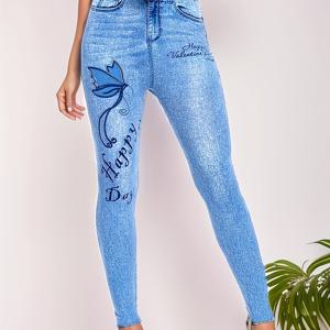 TEMU [프린트 레깅스 - 데님 원단 아님] 디렉셔널 펀드 우아한 캐주얼 스타일리시 하이웨이스트 스트레치 레터 레깅스 여성용 아이미테이션 페이크 데님 베이스 팬츠 신상