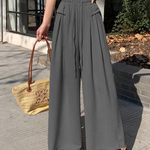 TEMU 여성용 아이스 파이버 원단 드레이프드 발목 팬츠, 하이웨이스트 포켓 드로스트링 플리츠 루즈핏 와이드 레그 스커트 팬츠|치마바지