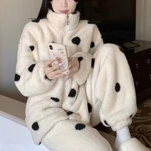 TEMU 새로운 가을/겨울용 폴카 도트 여성용 세트, 두꺼운 코랄 플리스 소재, 따뜻한 지퍼업 디자인