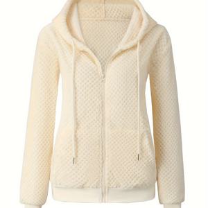 TEMU 우아한 무드 컬러 후드 플러시 재킷 (드로스트링, 긴소매), 가을/겨울 여성 의류로 완벽