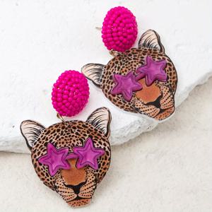 TEMU 발렌타인데이 커플 또는 친구를 위한 스타일리시한 문장 귀걸이 선물, 수제 시드 비드 스터드와 핑크 및 옐로우 아크릴 치타 머리 (별 모양 안경 포함), 트로피컬 레인포레스트 스타일로 디자인됨