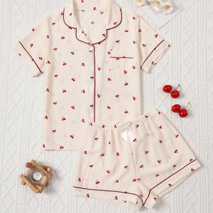 TEMU 벅블 주름 여성용 파자마 세트, 벚꽃 프린트와 벅블 주름 디자인 반팔 쇼츠와 리본